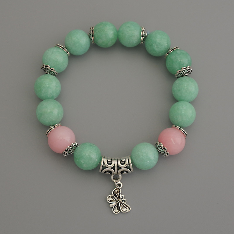 Bransoletka z jadeitu, gładka kuleczka, średnica 12 mm ±; różowy kwarc, gładka kuleczka 12 mm ±; z metalowymi wstawkami, długość 18 cm ±, elastyczna