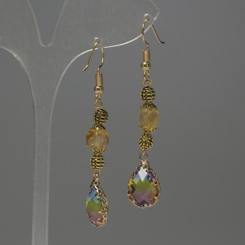 Kolczyki z cytryną w formie fasetowanego sześcianu, średnica 7 mm ± kryształ w oprawie 14×10 mm ±, długość 58 mm ±