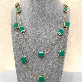 Naszyjnik Kaskada dwurzędowy z kwadratowymi koralikami, długość 80 cm, z żółtego metalu