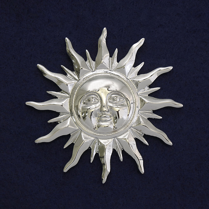 Broszka Słońce, srebrny metal, 68 mm, na magnesie