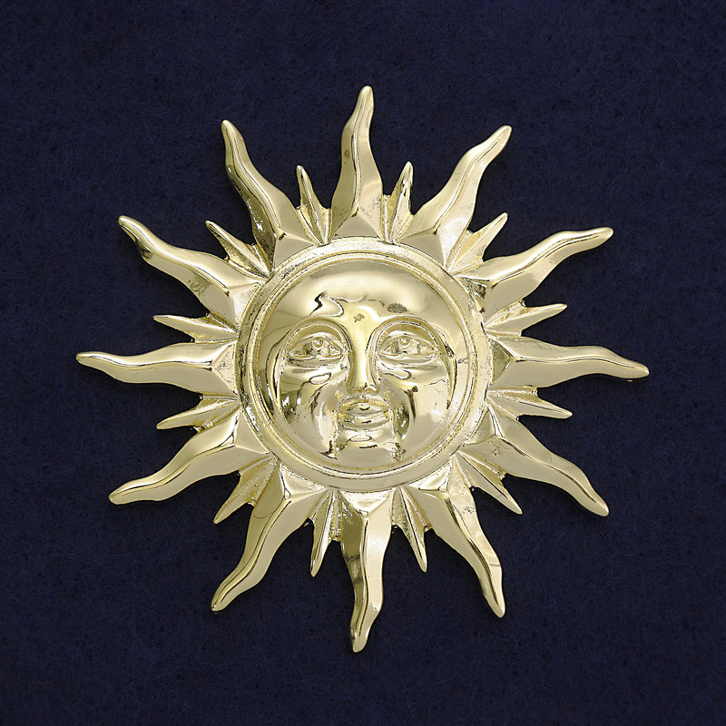 Broszka Słońce, złocisty metal, 68 mm, na magnesie