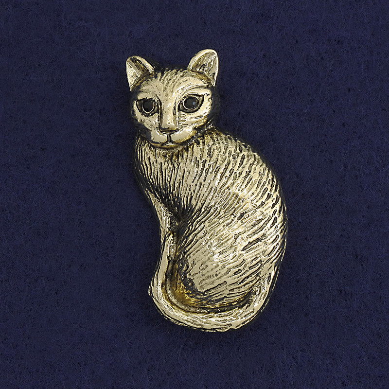 Broszka-wisiorek w kształcie kota, czarne kryształy, kolor ciemnego złota, metal złocisty, 45×24 mm