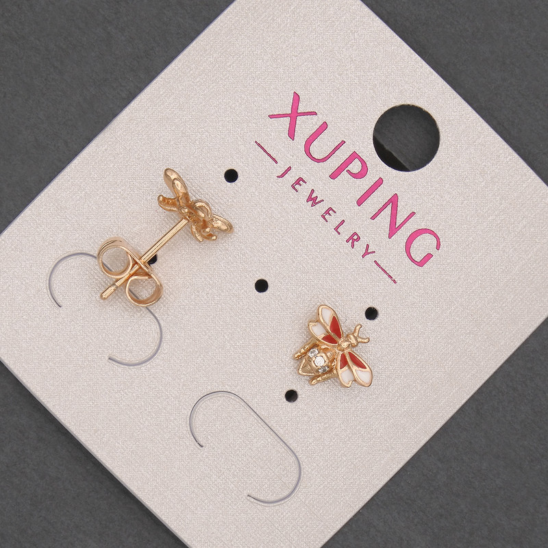 Kolczyki sztyfty Xuping z emalią i białymi cyrkoniami, 7×8 mm, pozłacane 18K