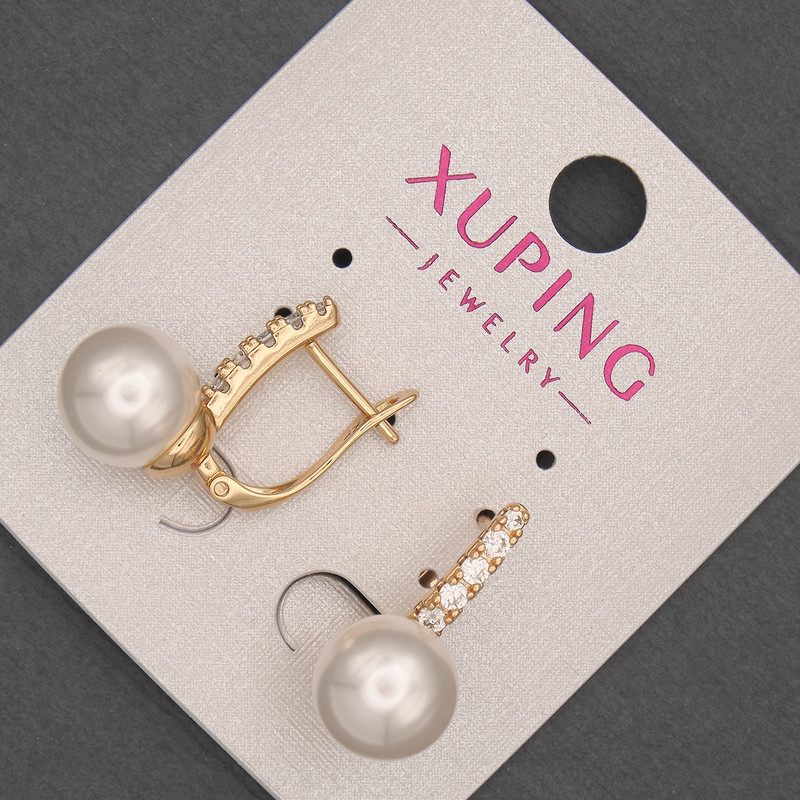 Kolczyki Xuping z białymi cyrkoniami i perłą Majorką, średnica około 10 mm, długość około 20 mm, pozłacane 18K