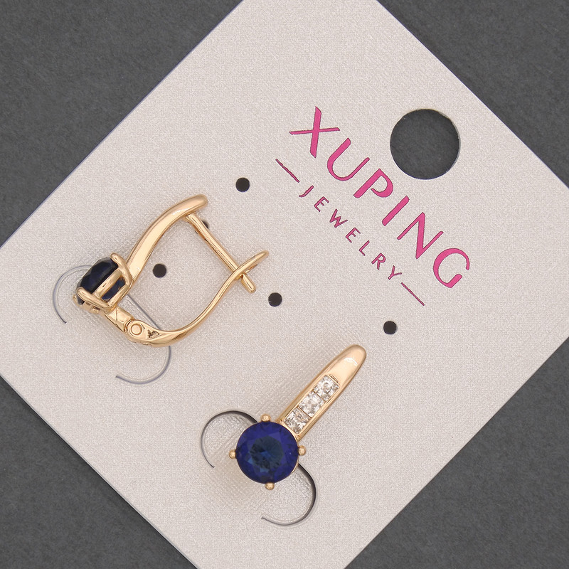 Kolczyki Xuping z białymi cyrkoniami i niebieskim kryształem, średnica 6 mm, długość 17 mm, pozłacane 18K