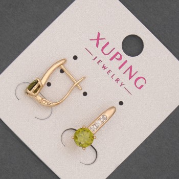 Kolczyki Xuping z oliwkowym kryształem i białymi cyrkoniami, średnica około 6 mm, długość około 17 mm, pozłacenie 18K