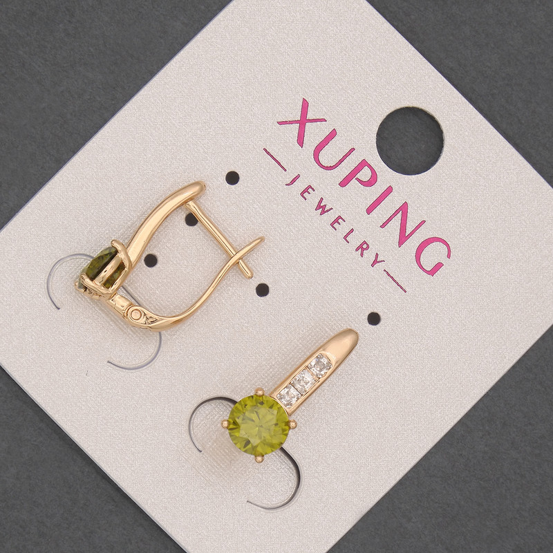 Kolczyki Xuping z oliwkowym kryształem i białymi cyrkoniami, średnica około 6 mm, długość około 17 mm, pozłacenie 18K