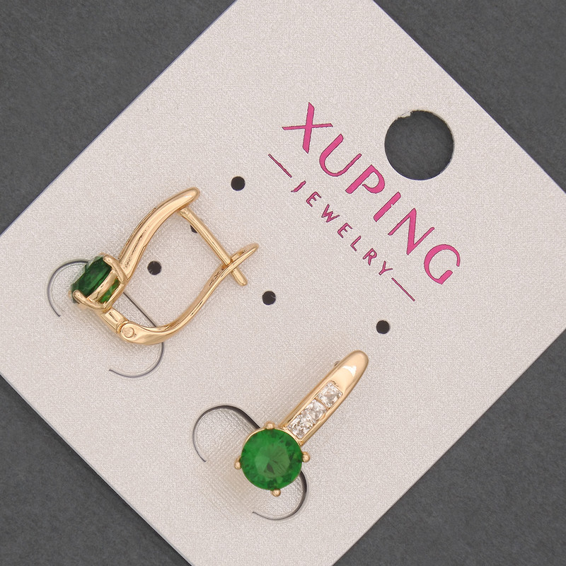 Kolczyki Xuping z białymi cyrkoniami i zielonym kryształem, średnica około 6 mm, długość około 17 mm, Pozłacane 18K