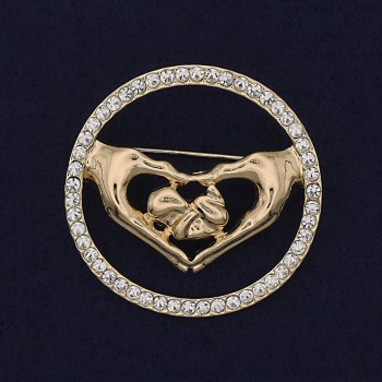 Broszka Serce z białymi kryształami, złoty metal 38 mm+