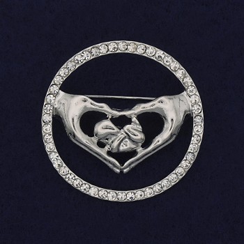 Broszka Serce, białe cyrkonie, srebrzysty metal, 38 mm+