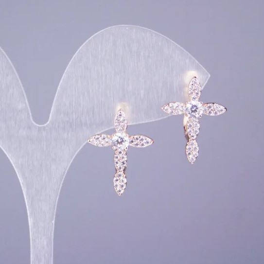 Kolczyki Xuping pozłacane 18K z białymi kryształami w formie krzyża, średnica 20×15 mm