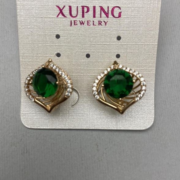 Kolczyki Xuping z białymi cyrkoniami i zielonym kryształem, średnica 17 mm ±, długość 17 mm ±, Pozłacanie 18K