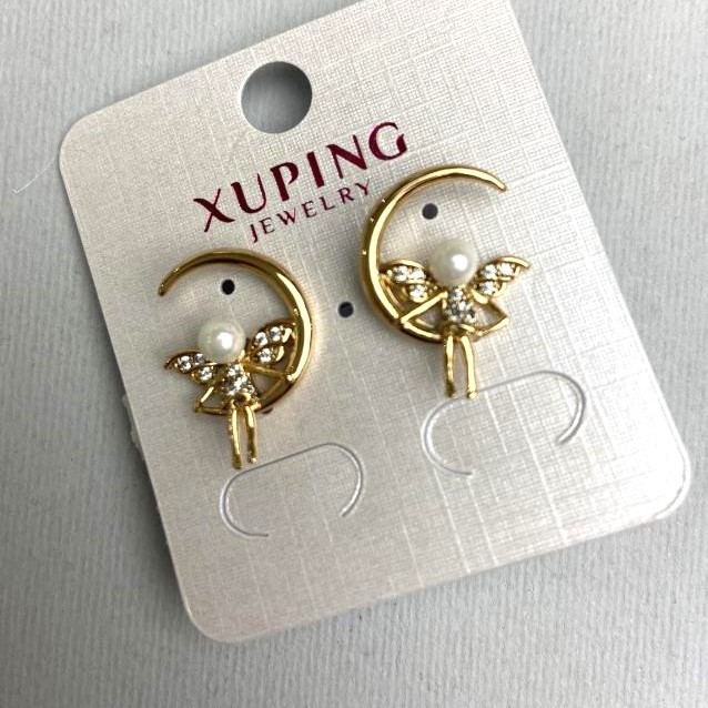 Kolczyki Xuping z białymi cyrkoniami i perłą, średnica 4 mm, długość 14×20 mm, pozłacane 18K
