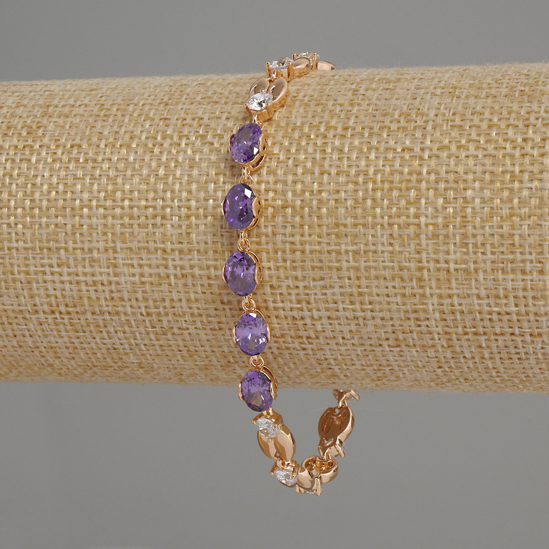 Bransoleta Xuping z białymi i fioletowymi kryształami, pozłacanie 18K, średnica 6 mm, długość 17-19 cm