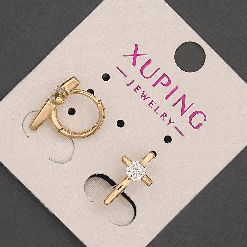 Kolczyki Xuping — kółka z krzyżem i białym kryształem, średnica 8 mm ±, długość 15 mm ±, pozłacane 18K