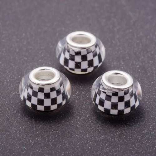 Koralik Pandora biały szachownicowy plastikowy, średnica 13 mm, średnica otworu 5 mm, opakowanie 11 szt.
