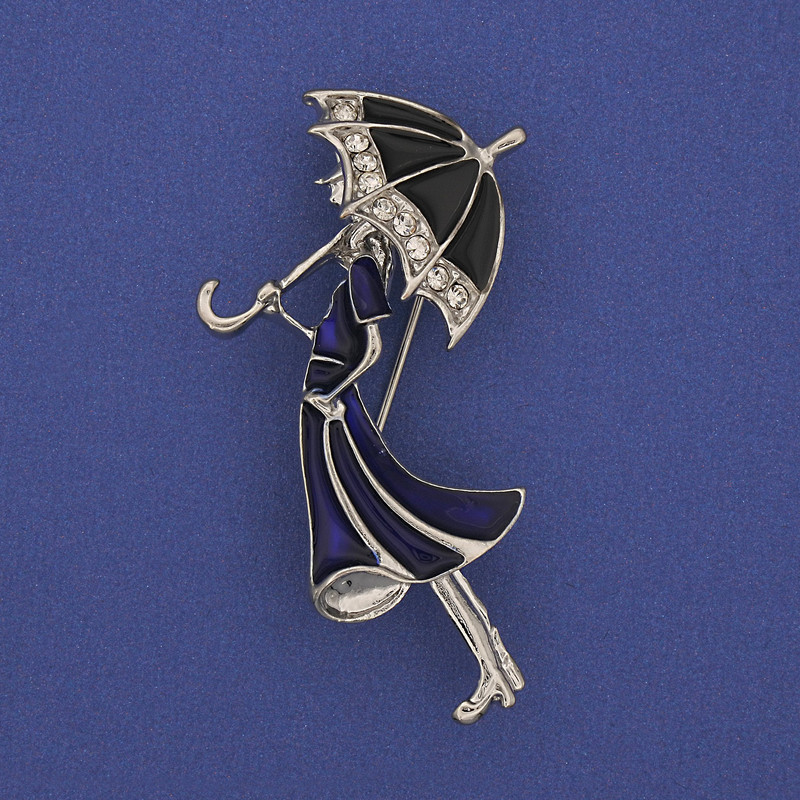 Broszka-wisiorek „Dziewczyna z parasolką”, białe kryształy, metal srebrzysty, 48×24 mm+