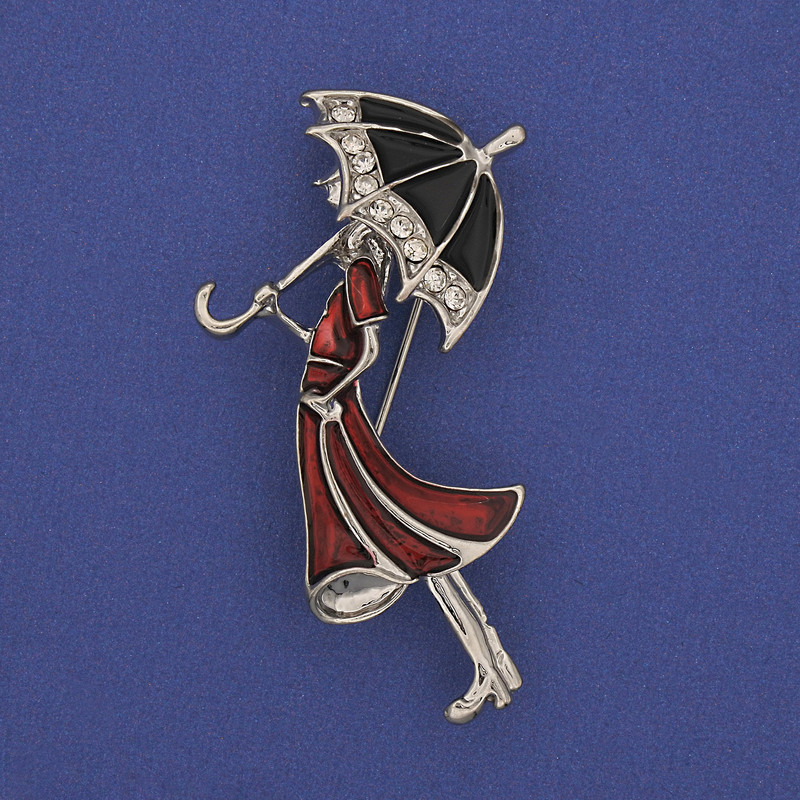 Broszka-wisiorek Dziewczyna z parasolką, srebrzysty metal, 48×24 mm+