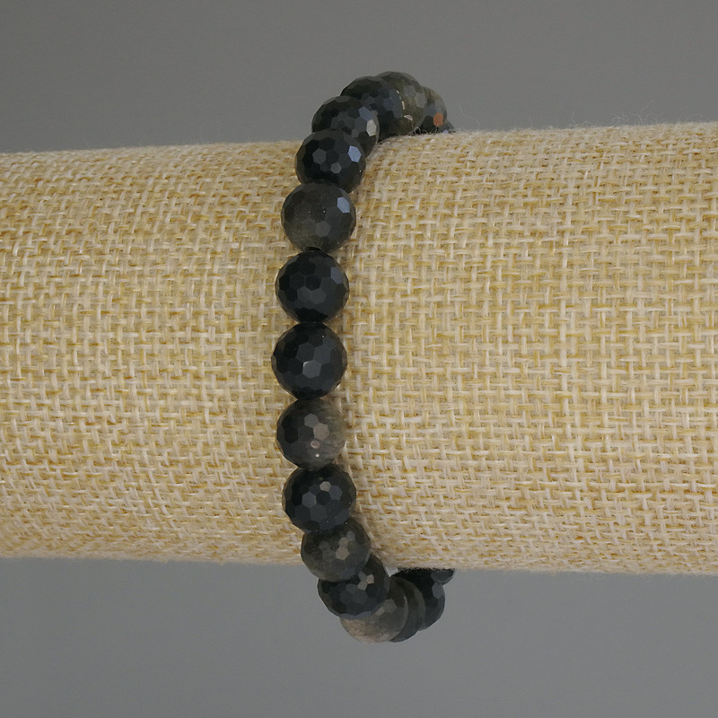 Bransoletka z obsydianu słonecznego, naturalny kamień, fasetowane kulki, średnica 8 mm, długość 18 cm (rozciągliwa)