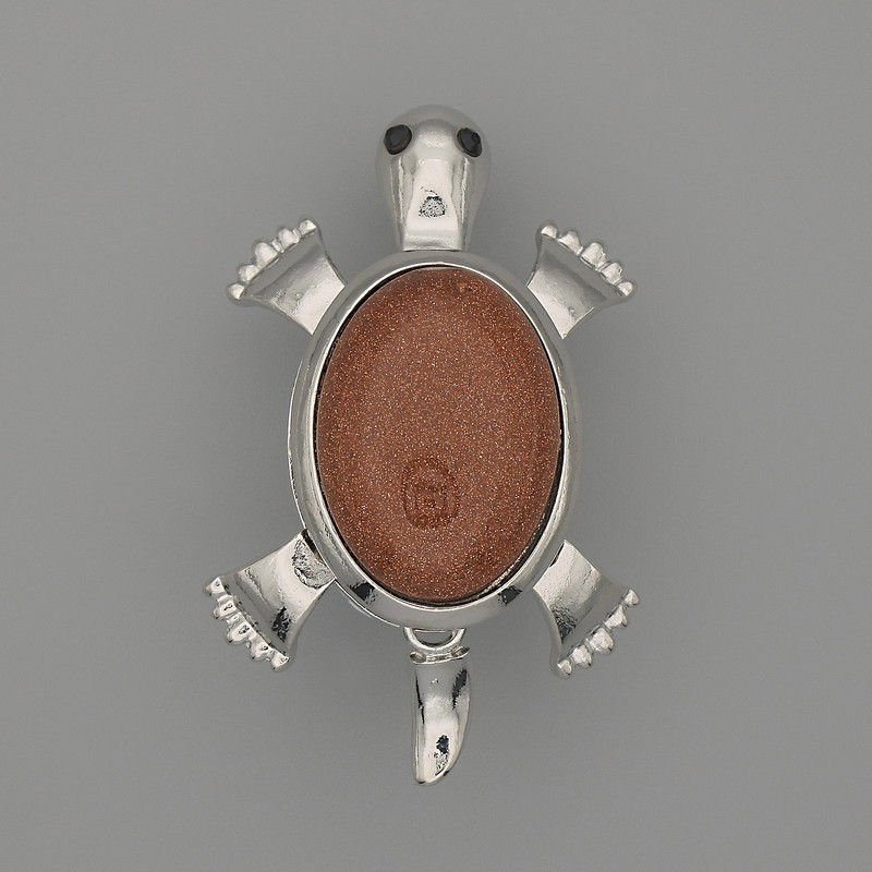 Broszka-wisiorek Żółw z awenturynem Złoty piasek 52×35 mm ± ruchome elementy, metal srebrzysty
