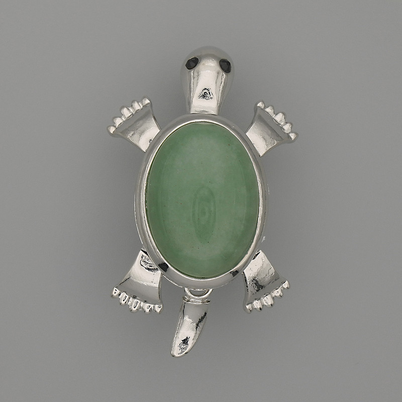Broszka-wisiorek Żółw z nefrytem, 52×35 mm, ruchome elementy, metal srebrzysty