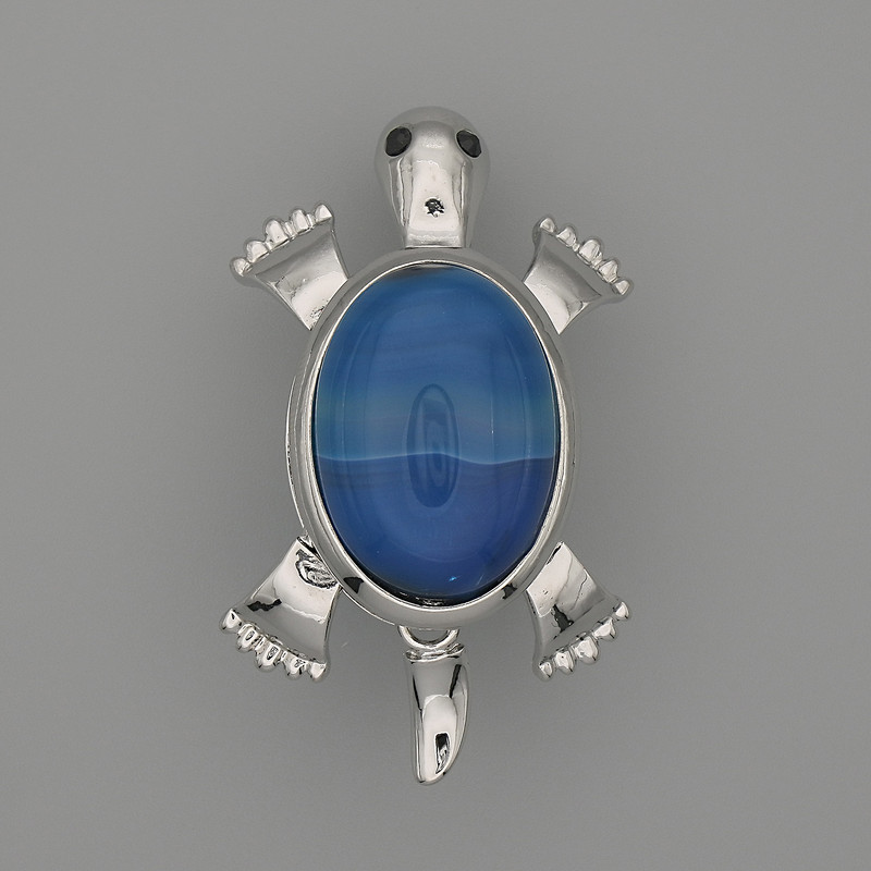 Broszka-kulon Żółw z agatą 52×35 mm ± ruchome detale, metal srebrzysty