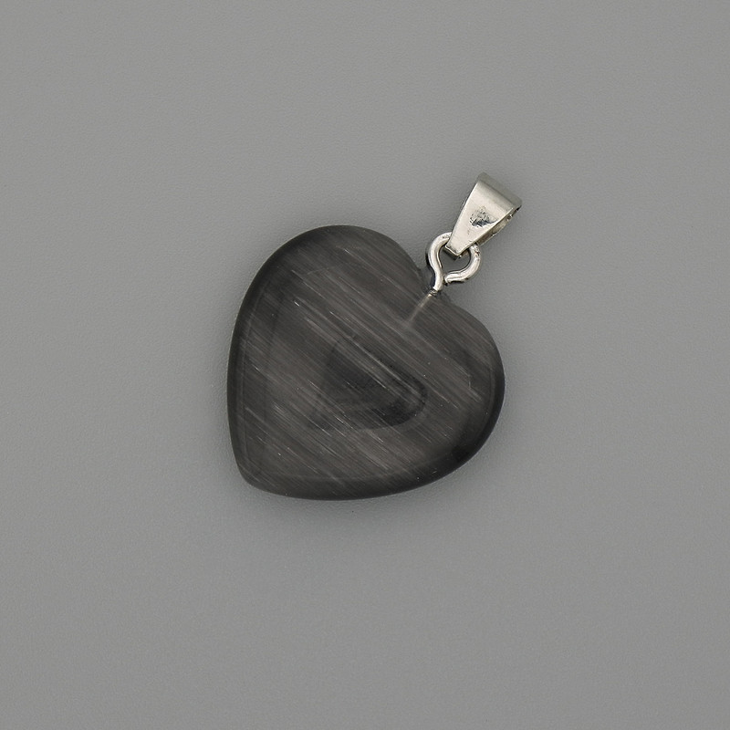 Wisiorek «Serce» w kolorze ciemnoszarym z kocim okiem, metal srebrzysty, średnica 20×20 mm, długość 30 mm+