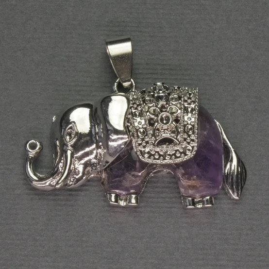 Wisiorek Słoń z ametystu, 39×34 mm, metal srebrzysty