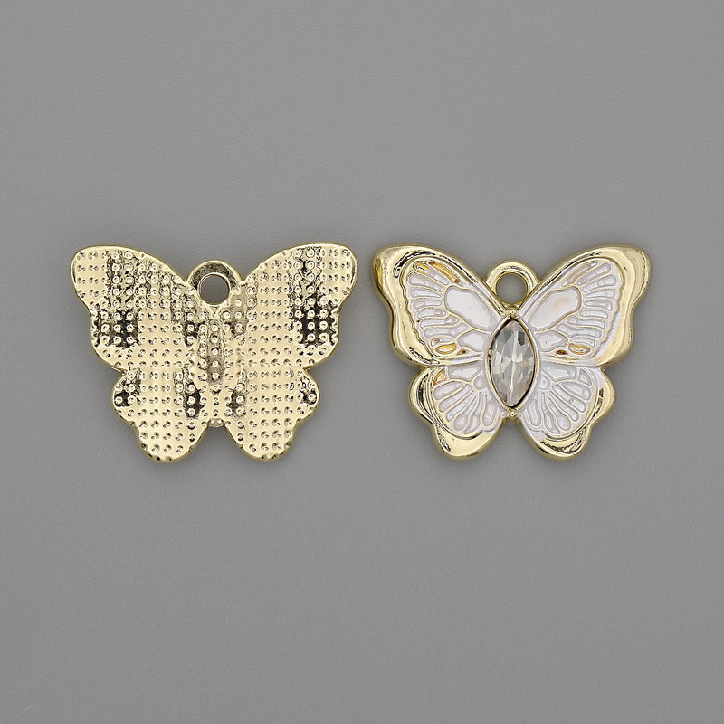 Wisiorek «Motyl» - biała emalia, kryształy, złoty metal, średnica 20×15 mm, ± opakowanie 2 szt.