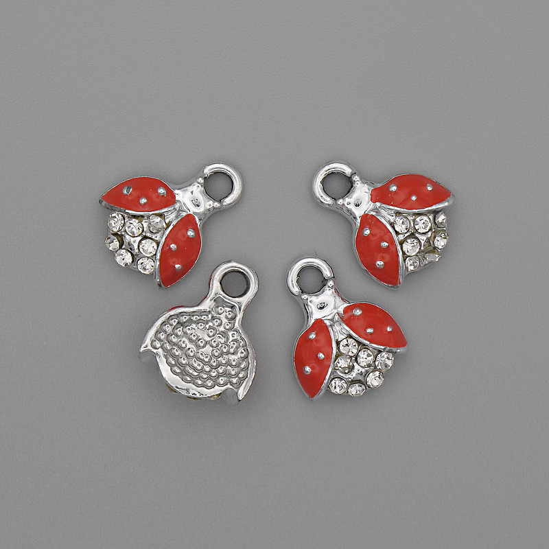 Wisiorek 'Słoneczko' z cyrkoniami, czerwony emaliowany metal srebrzysty, średnica 10×12 mm, opakowanie 4 szt.