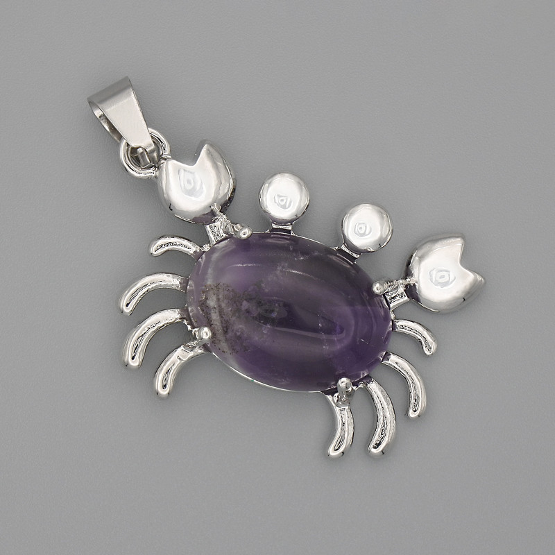 Wisiorek Krab z ametystem, 40×22 mm ± srebrzysty metal