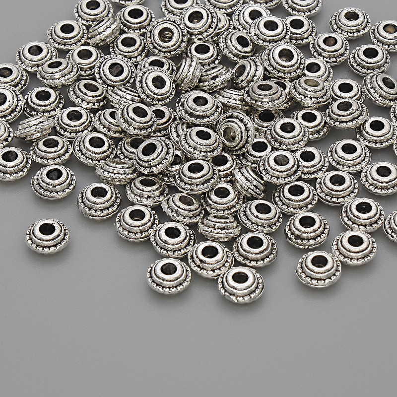 Koralik-wstawka z metalu, kolor srebrny, średnica 5×2,5 mm, otwór 1,8 mm, opakowanie 20 g (~105 szt.)