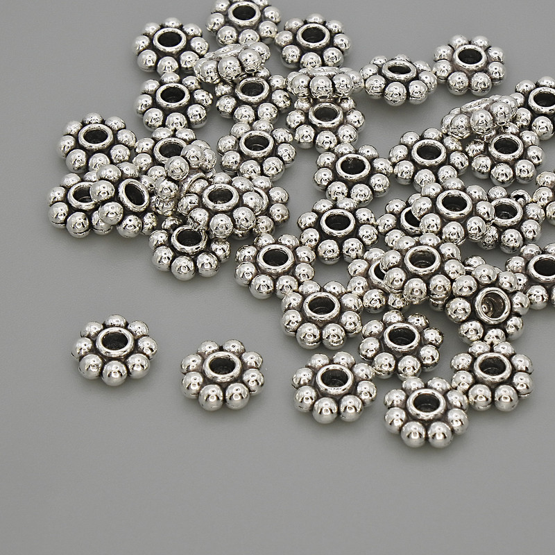 Galanteria jubilerska – koralik-wkładka, kolor metalu srebrzysty, średnica 7,5×3 mm ± otwór, średnica 2,3 mm ± opakowanie 20 g (~41 szt.)