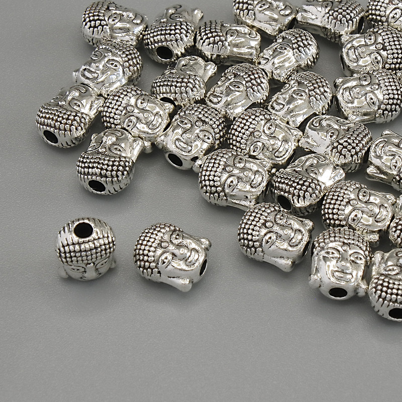 Koralik-wstawka Budda, kolor metalu: srebro, średnica 6×7×4 mm ± otwór 1,9 mm ± opakowanie 20 g (~31 szt.)
