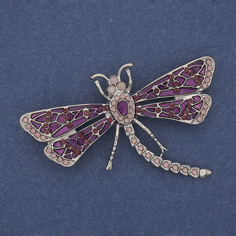 Broszka Motyl z fiołkową emalią i różowymi cyrkonami, srebrzysty metal, 57×39 mm+