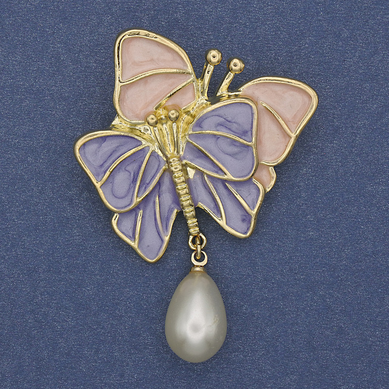 Broszka Motyle – fioletowa i różowa emalia, perła, metal złocisty, 52×37 mm+