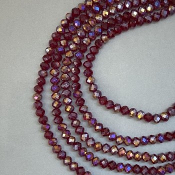 Koraliki czeskiego kryształu na żyłce, czerwone, przezroczyste, z benzynowym napylaniem, fasetowany rondel, średnica 8×6 mm, długość około 40 cm