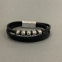 Bransoleta męska z ekoskóry czarna z metalowymi wstawkami, grubość 12 mm, długość 22 cm, srebrny metal na zapięciu
