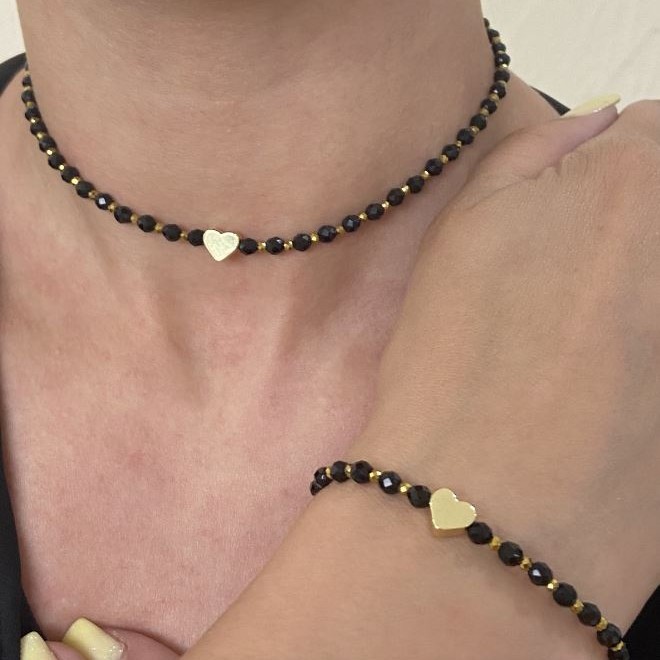 Zestaw biżuterii „Serce” choker i bransoleta z czarnego agatu i złocistego hematitu, rozmiary regulowane