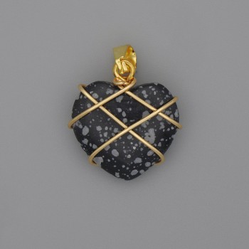 Wisiorek Serce z obsydianu śnieżnego w splecionym oplocie, 21×21 mm, średnica 30 mm