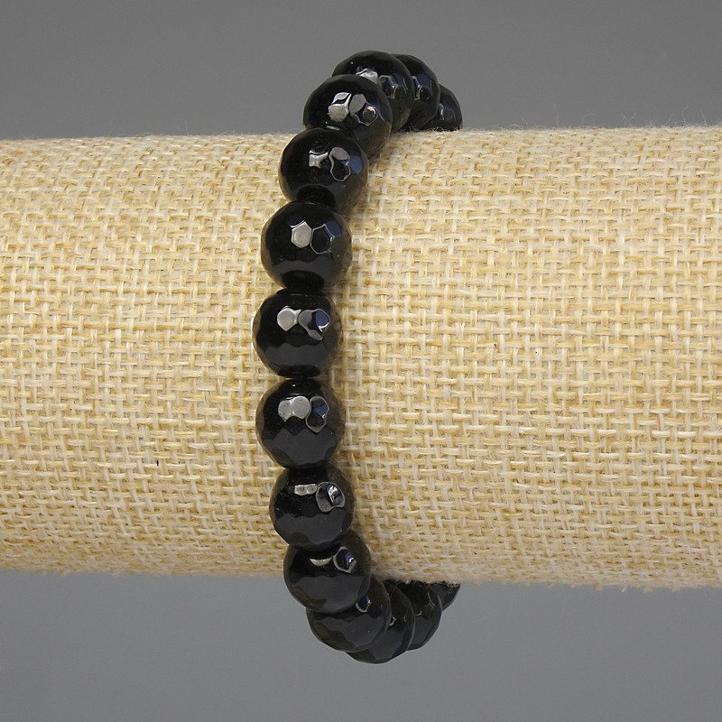 Bransoletka z czarnego agatu, fasetowane kulki 10 mm +/- długość 18 cm +/- elastyczna