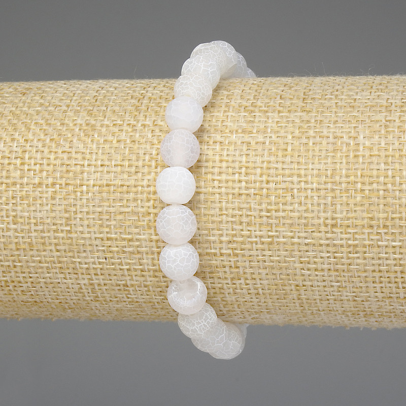 Bransoletka z białego agatu mroźnego, gładkie kuleczki 8 mm, długość 18 cm, elastyczna