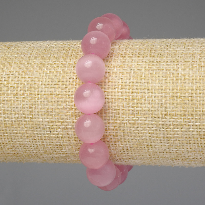 Bransoletka z różowego kociego oka, gładka kuleczka 12 mm, długość 18 cm, elastyczna