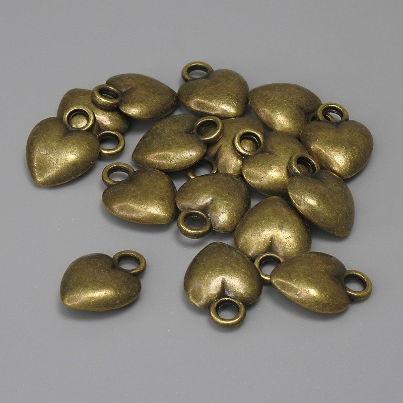 Wisiorek-zawieszka Serce, kolor metalu: brązowy, średnica 12×9 mm, otwór 2,4 mm, opakowanie 16 szt.