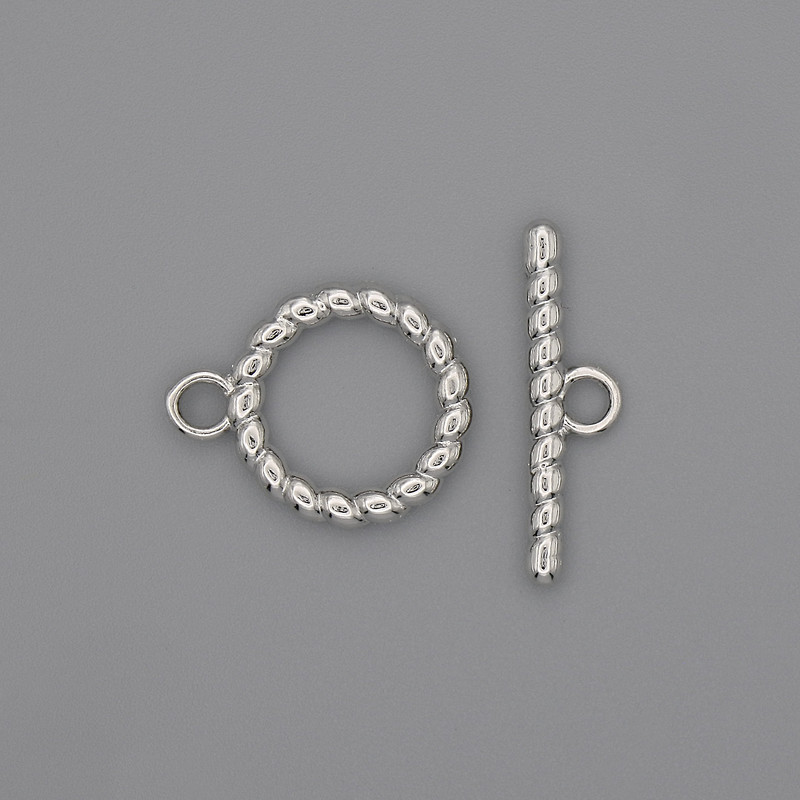 Zapięcie toggle, średnica 22×2,5 mm ±, koło o średnicy 15 mm ±, średnica otworu 10 mm ±, kolor metalu: srebrny