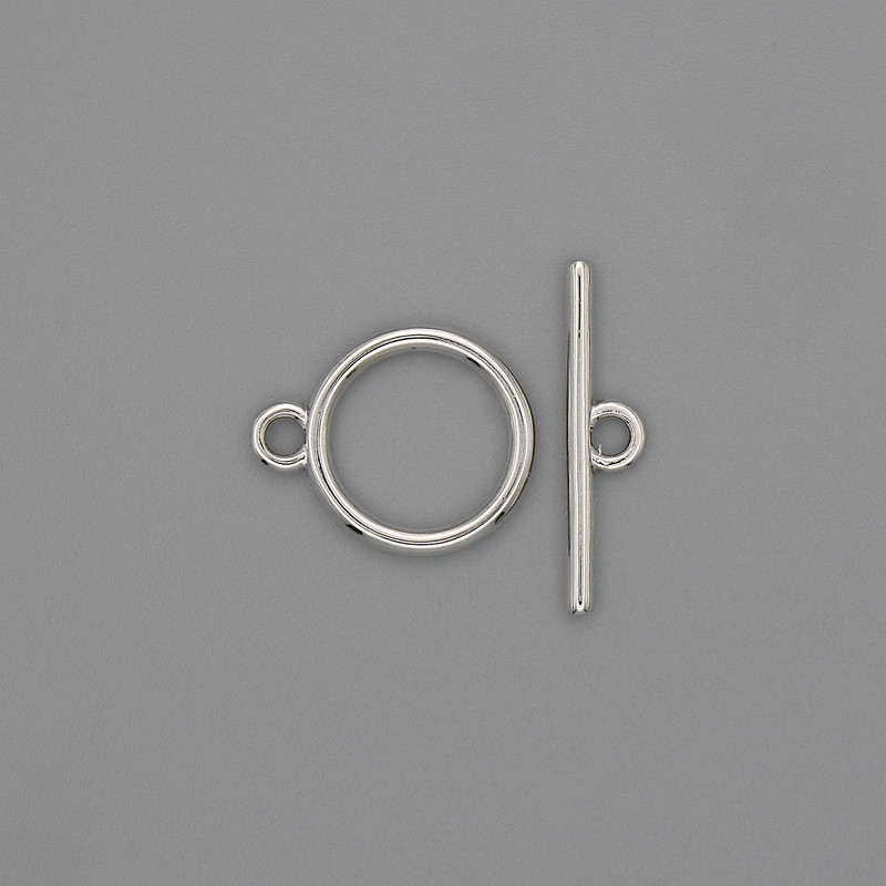 Zapięcie typu toggle, średnica 18×1,5 mm, koło 12 mm, średnica otworu 10 mm, srebrzysty kolor metalu