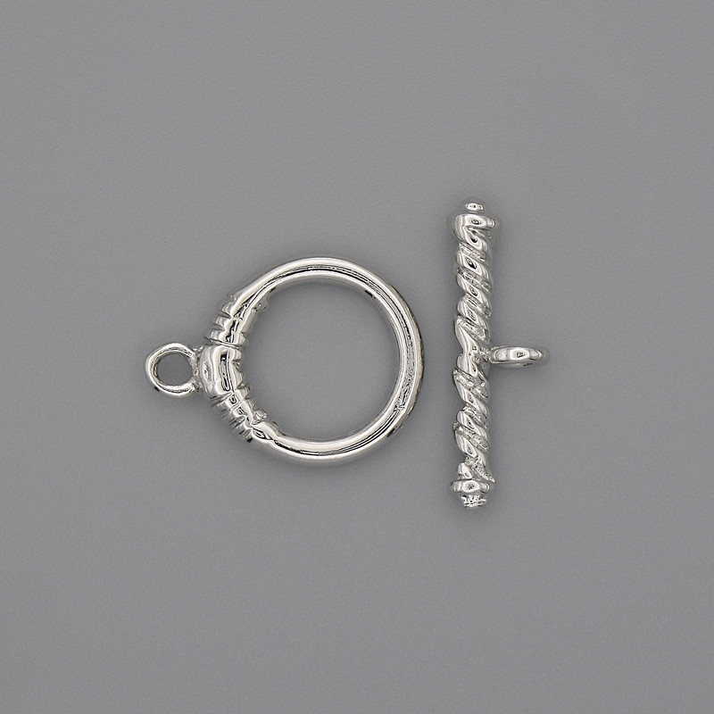 Zapięcie toggle, srebrny kolor metalu, średnica 23×3 mm, koło 5 mm ±, średnica 14 mm ±, średnica otworu 10 mm ±