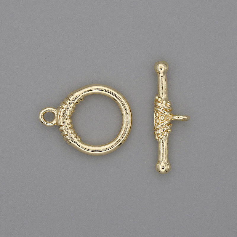 Zapięcie toggle, złoty kolor metalu, średnica 23×3,5 mm, pierścień, średnica 14 mm, średnica otworu 10 mm ±