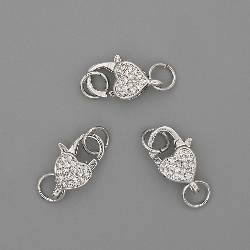Zapięcie karabińczykowe 15x10 mm +/- białe kryształy, metal srebrzysty