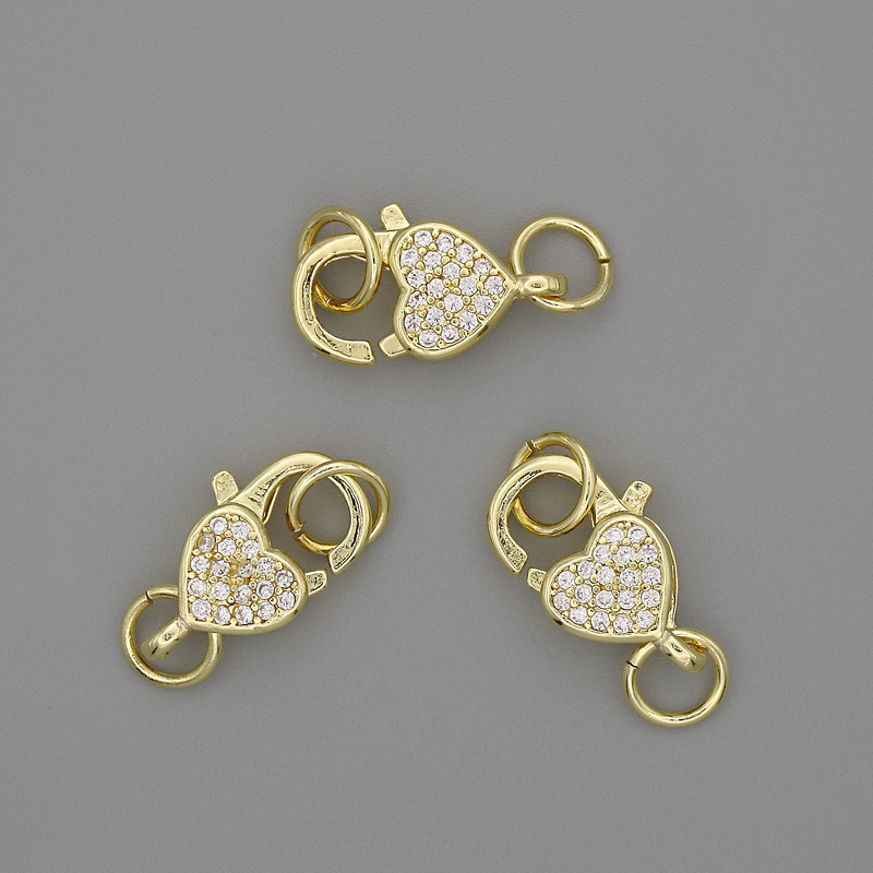 Zapięcie karabińskie 15×10 mm z białymi kryształami, metal złocisty